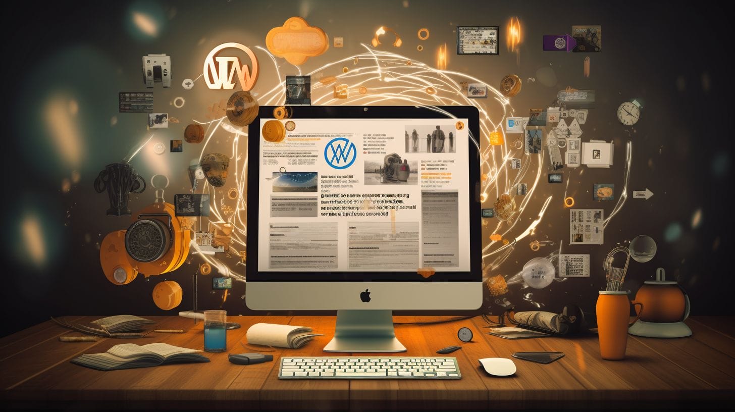 Show a magnifying glass hovering over a computer screen displaying the Wordpress logo, surrounded by various website elements like menus and widgets