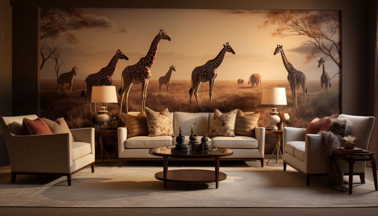 A living room with a wildlife-themed wallpaper featuring safari animals.