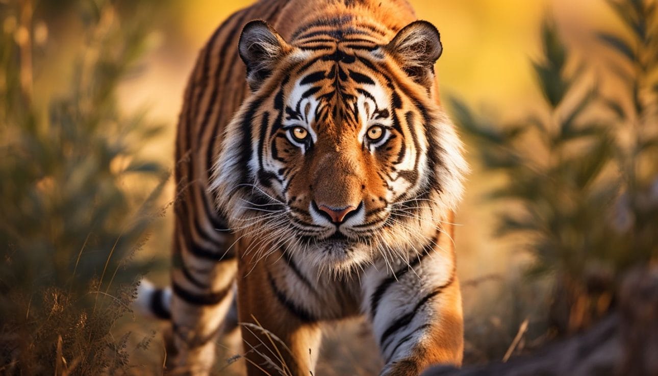 A telephoto lens captures a detailed photograph of a majestic tiger.