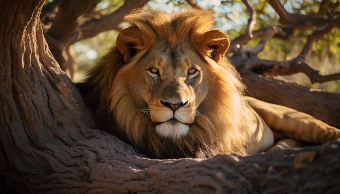 A lion rests under a tree in the African Savannah.