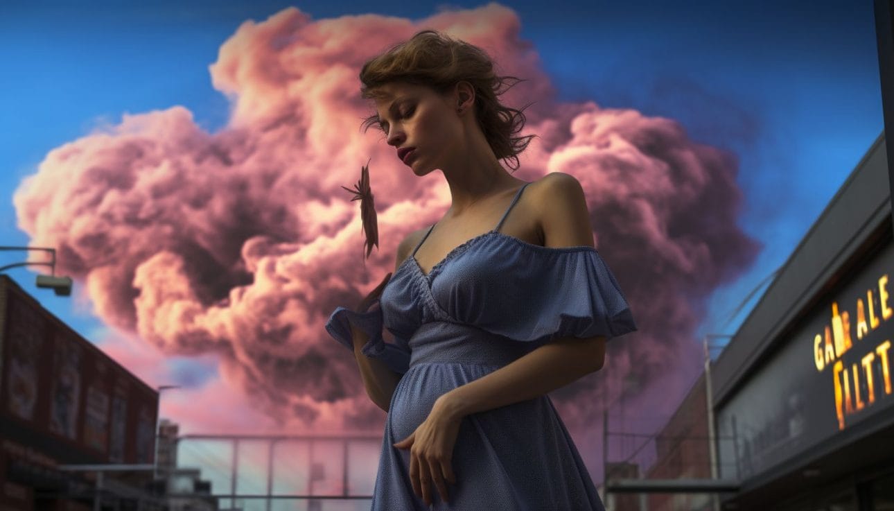 A pregnant woman smoking near a controversial billboard in cinematic color.