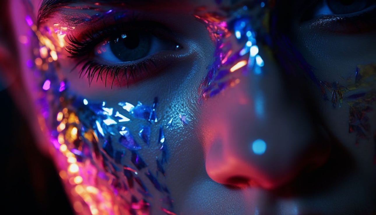 A captivating fashion photograph with a close-up shot and projected message.