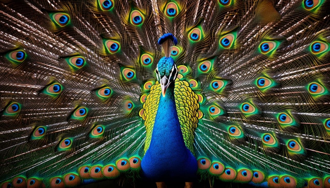 A stunning close-up of a peacock displaying its vibrant plumage.