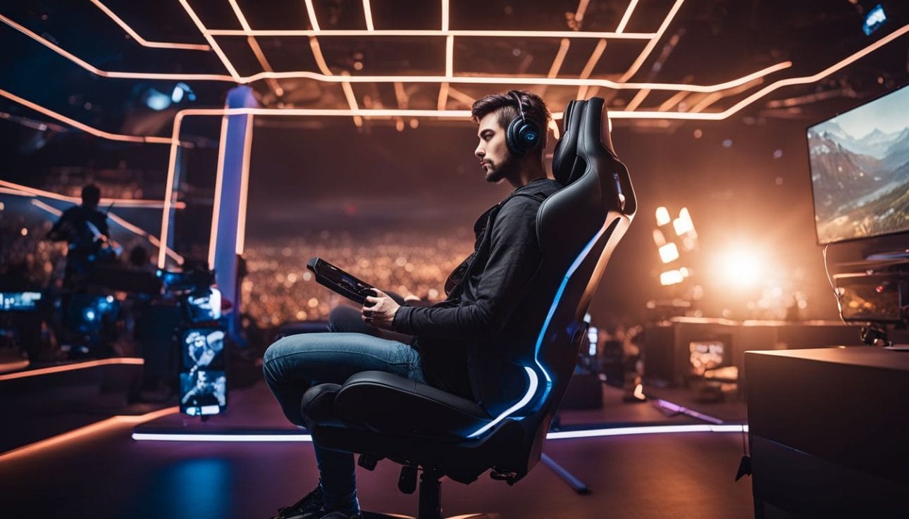 A gamer in a futuristic chair with a professional streaming setup.