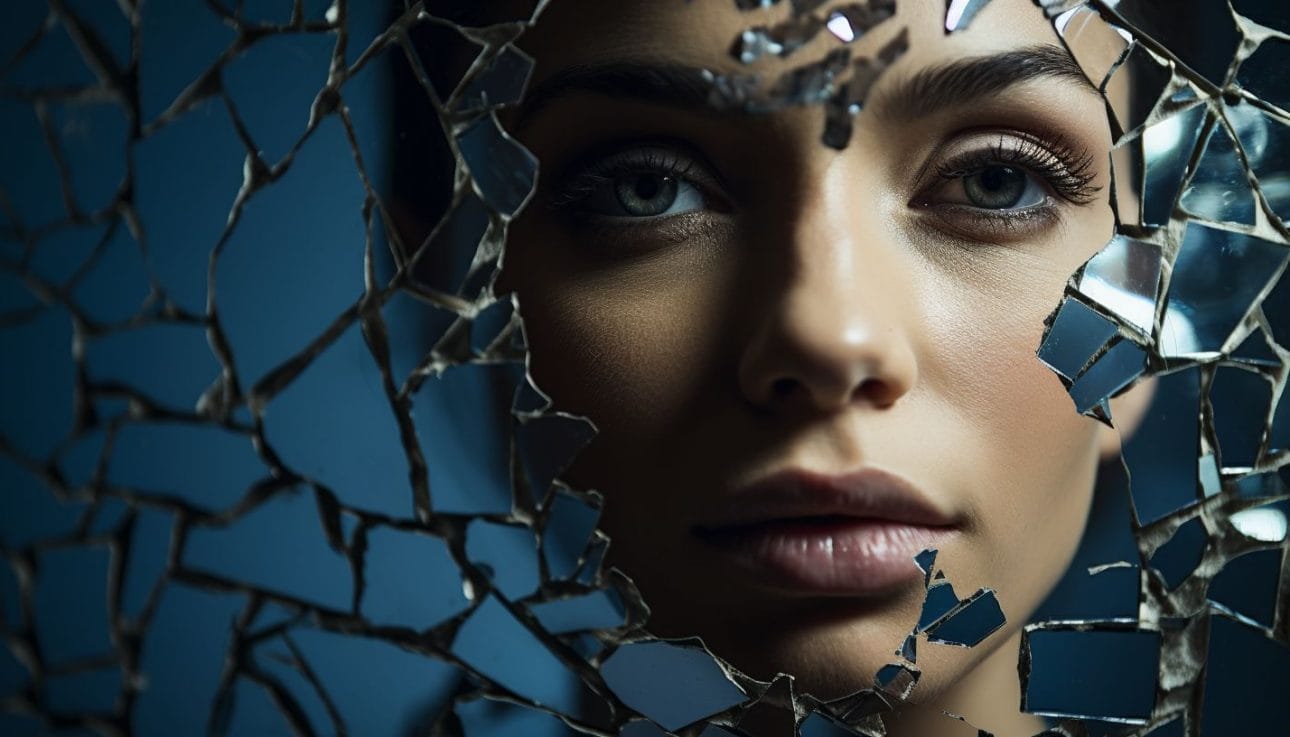 The image shows a young woman with broken makeup surrounded by shattered mirrors.