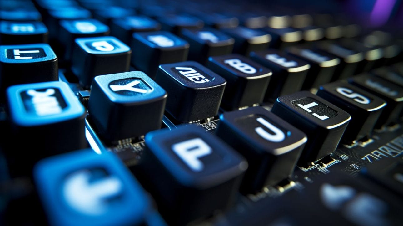 A close-up view of a computer keyboard with the Linux logo key surrounded by server racks.