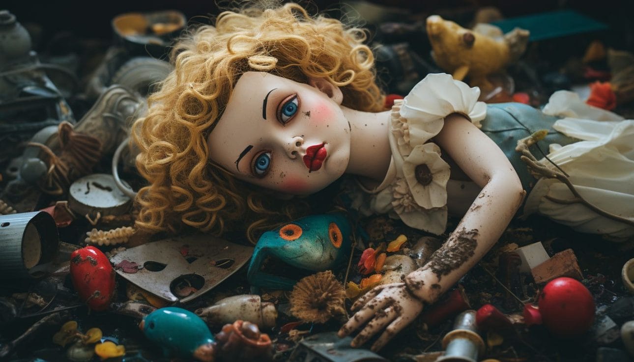 A broken porcelain doll lies among shattered toys in cinematic setting.