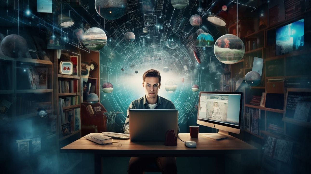 A person surrounded by coding books and technology works on hosting a website.