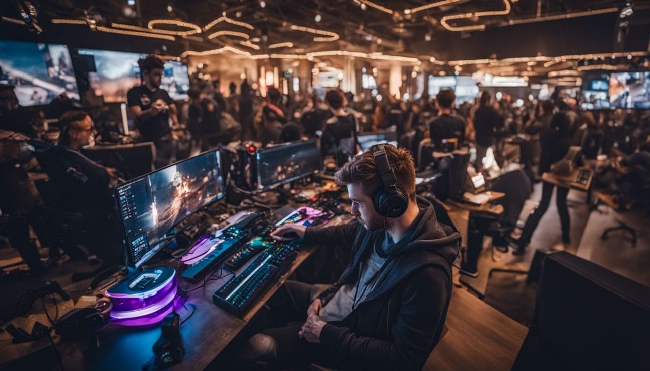 A streamer with a gaming setup surrounded by a supportive community.