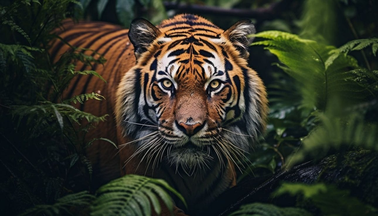 A tiger emerges gracefully in a vibrant rainforest in this wildlife photograph.