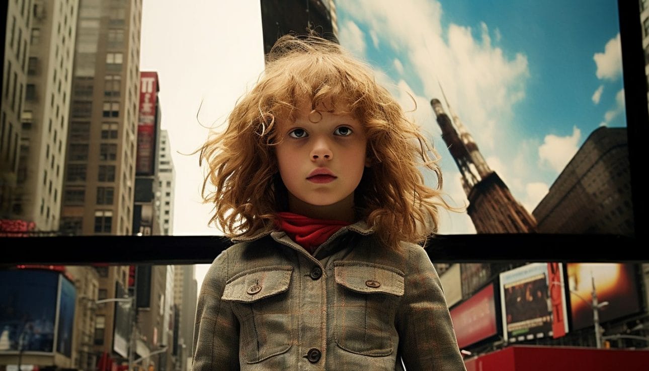 A photograph of a young child surrounded by provocative billboards.