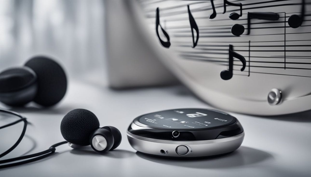 A photo of a black MP3 player surrounded by musical elements and various people.