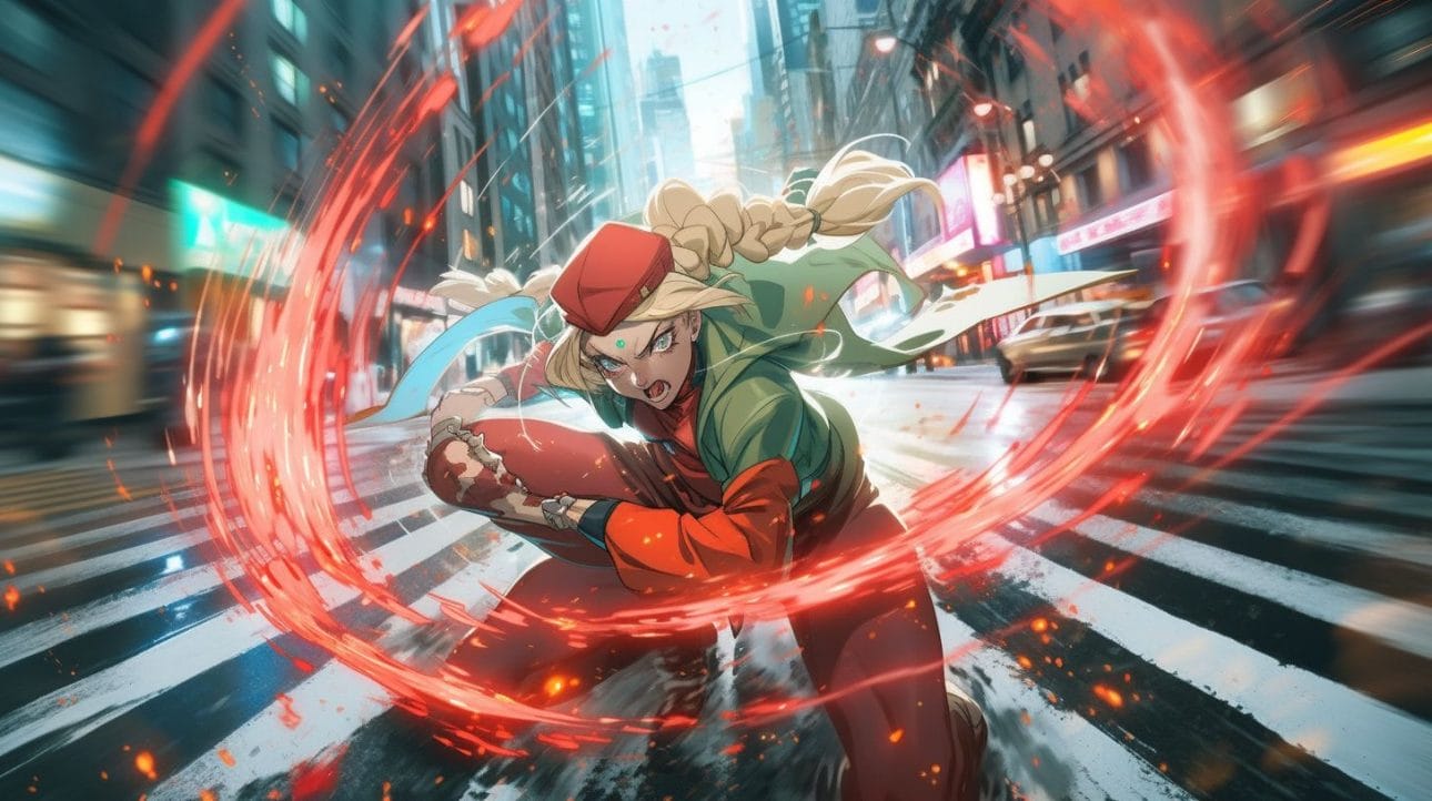 Cammy strikes a fighting pose in an anime-style cityscape.