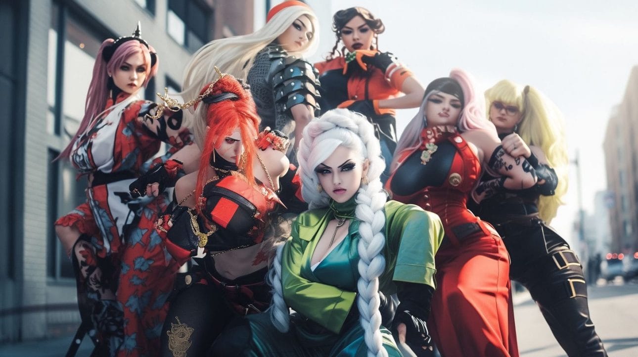 A group of diverse women cosplaying as Street Fighter characters.