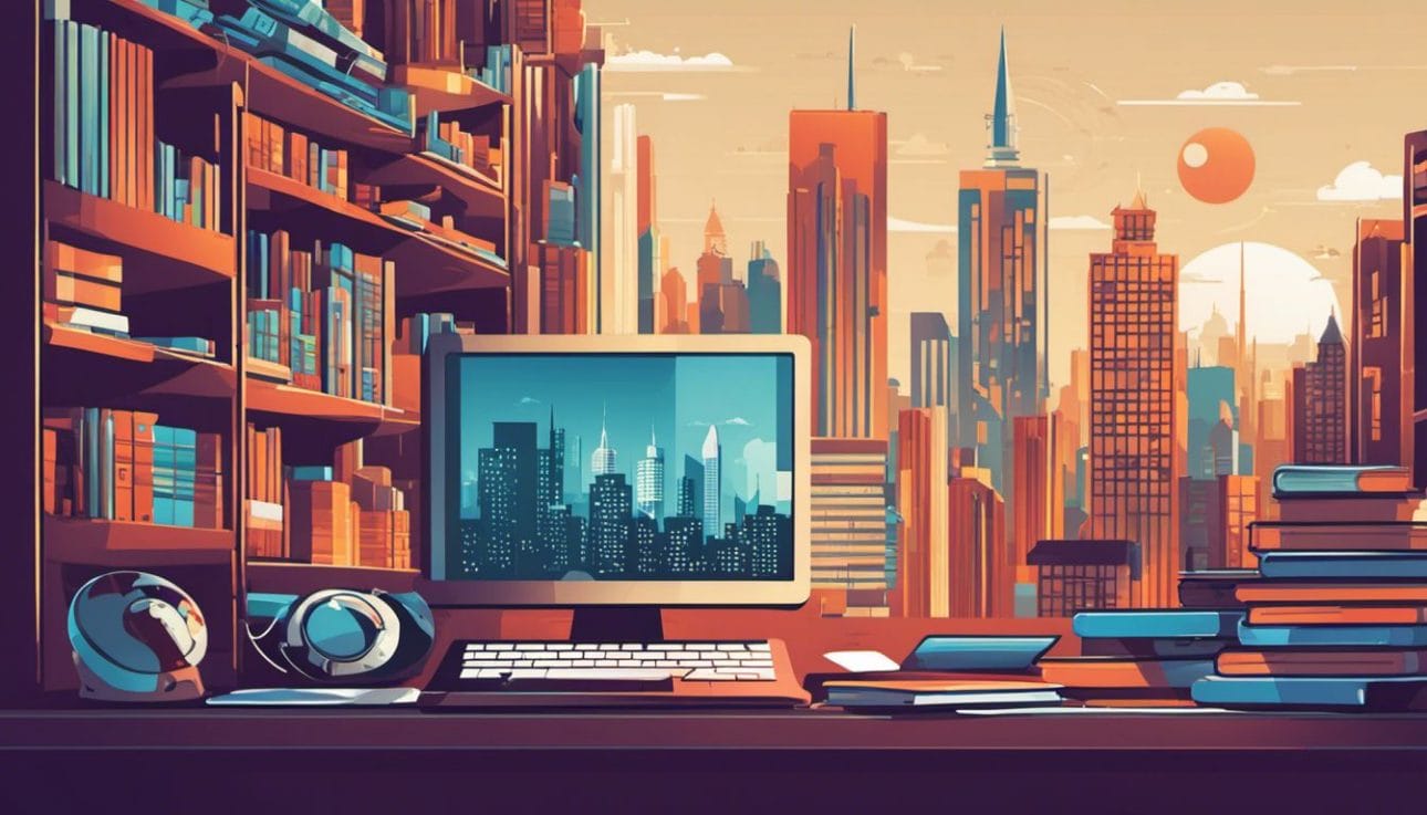 A laptop displaying code surrounded by books and cityscape photography.