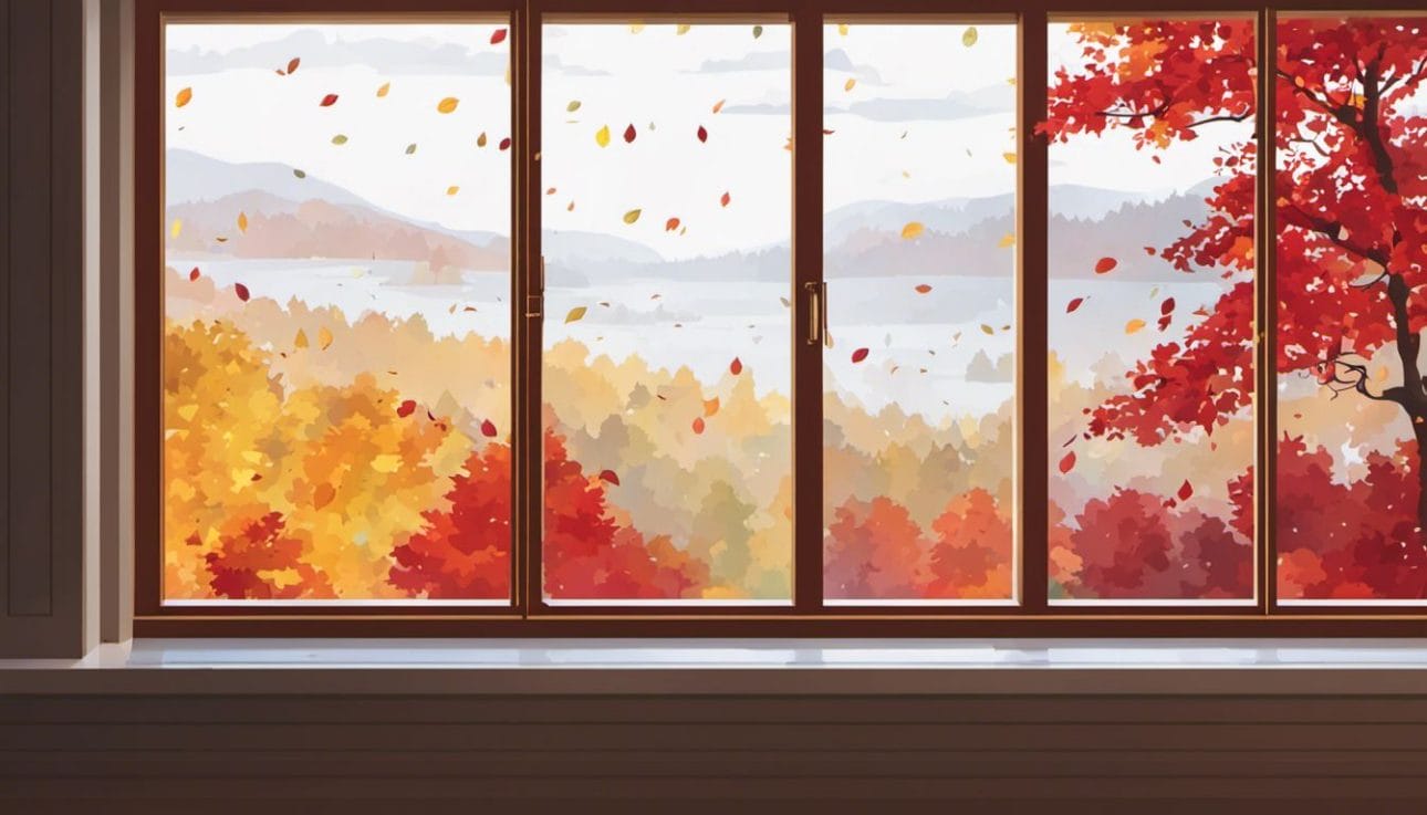 A serene autumn landscape with raindrops tapping on a window pane.