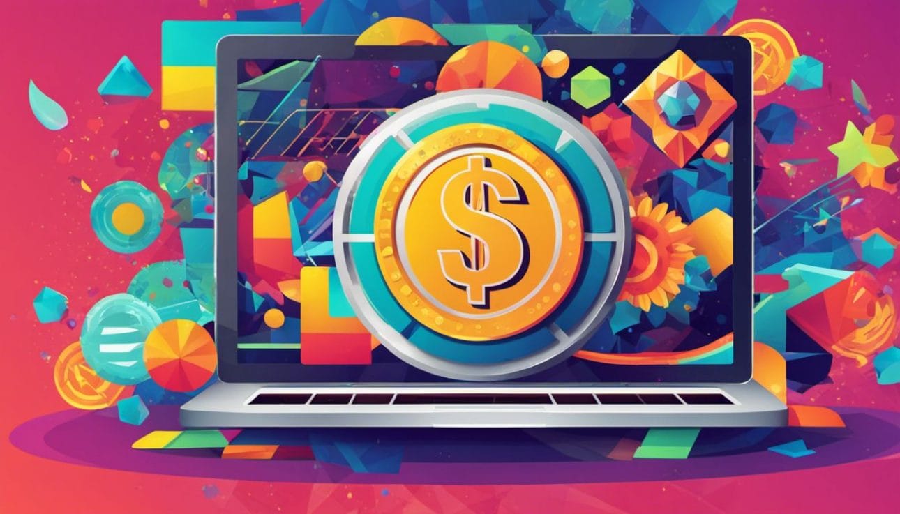 A laptop screen displaying a vibrant dollar sign surrounded by colorful geometric shapes and abstract patterns, representing the fusion of finance and creativity in the digital age.