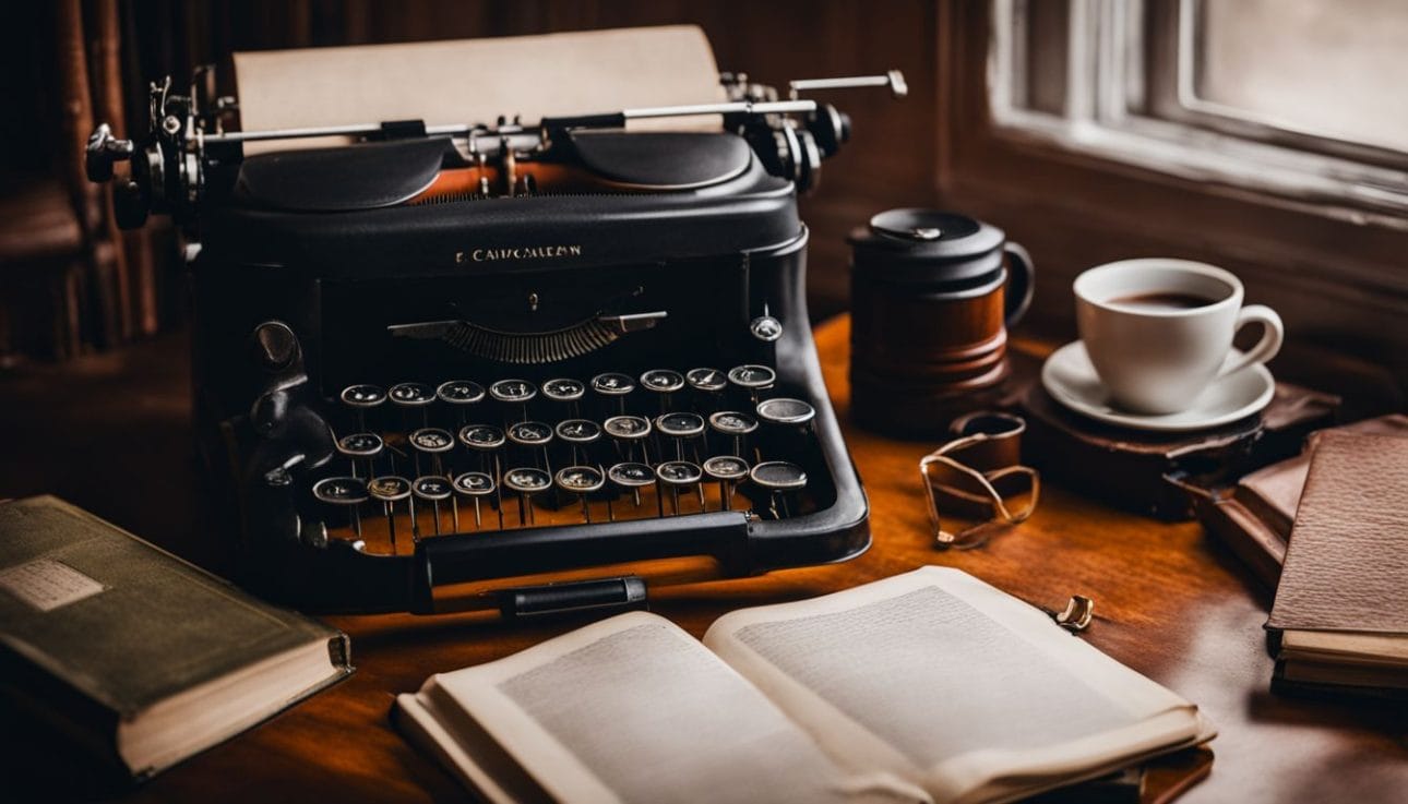 A vintage typewriter surrounded by books and coffee in a bustling atmosphere.