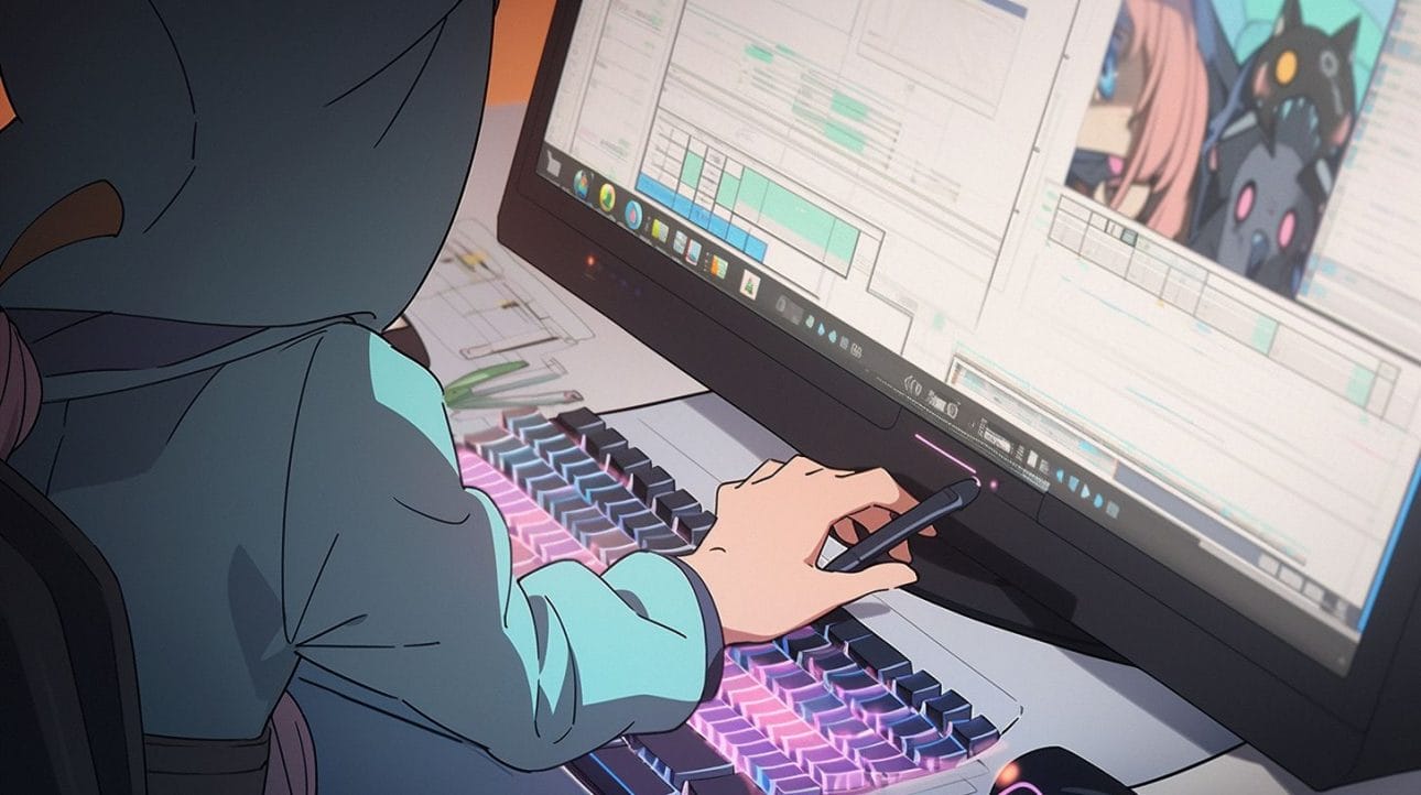A designer editing an anime-style cartoon character on a computer.
