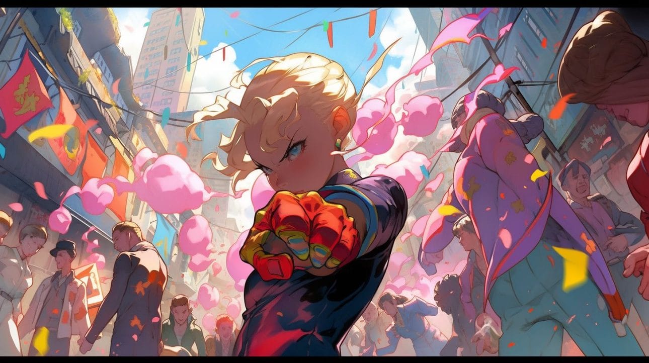 Street Fighter characters illustrated in a vibrant anime cityscape scene.