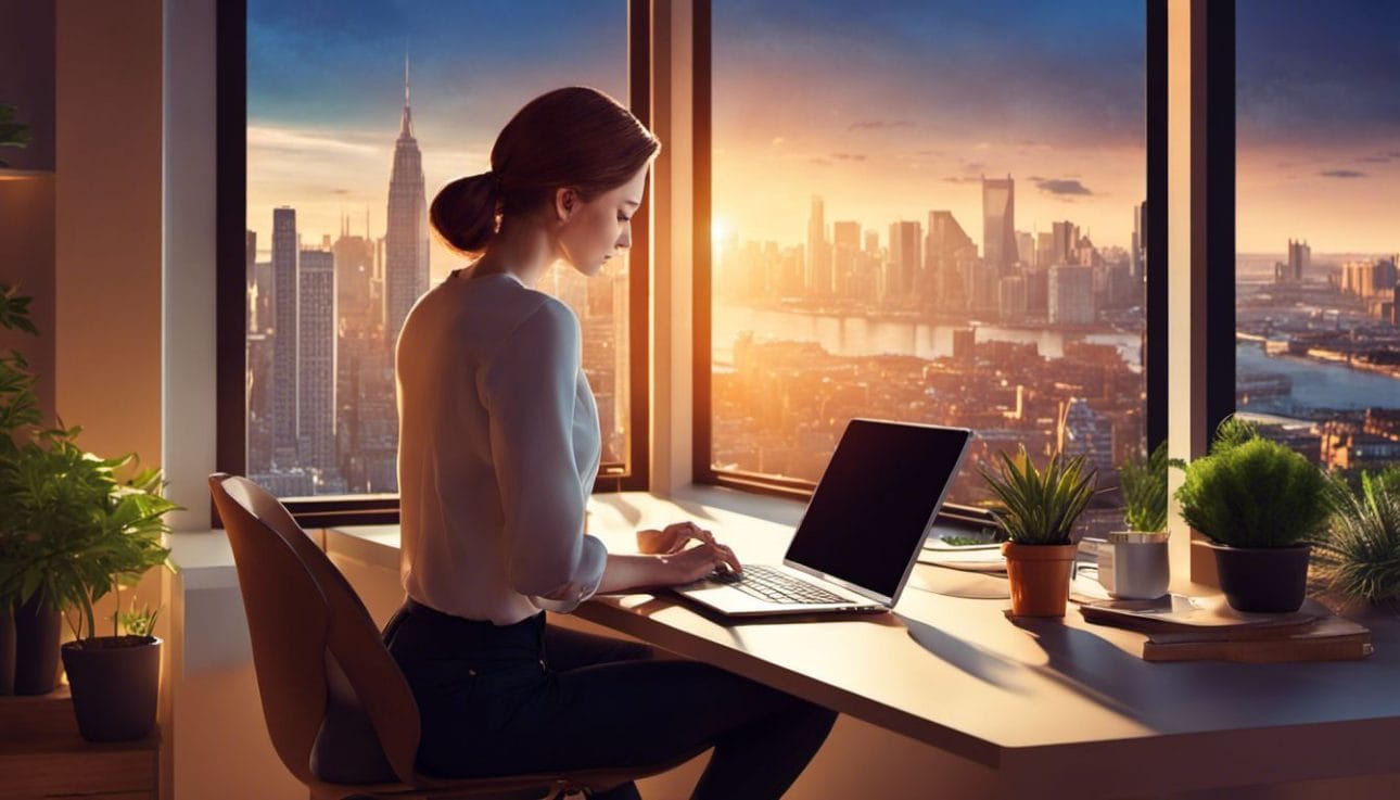A freelancer designing websites in a contemporary workspace overlooking a cityscape.