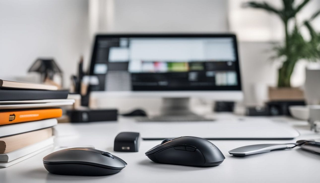 A computer mouse surrounded by design tools and diverse faces.