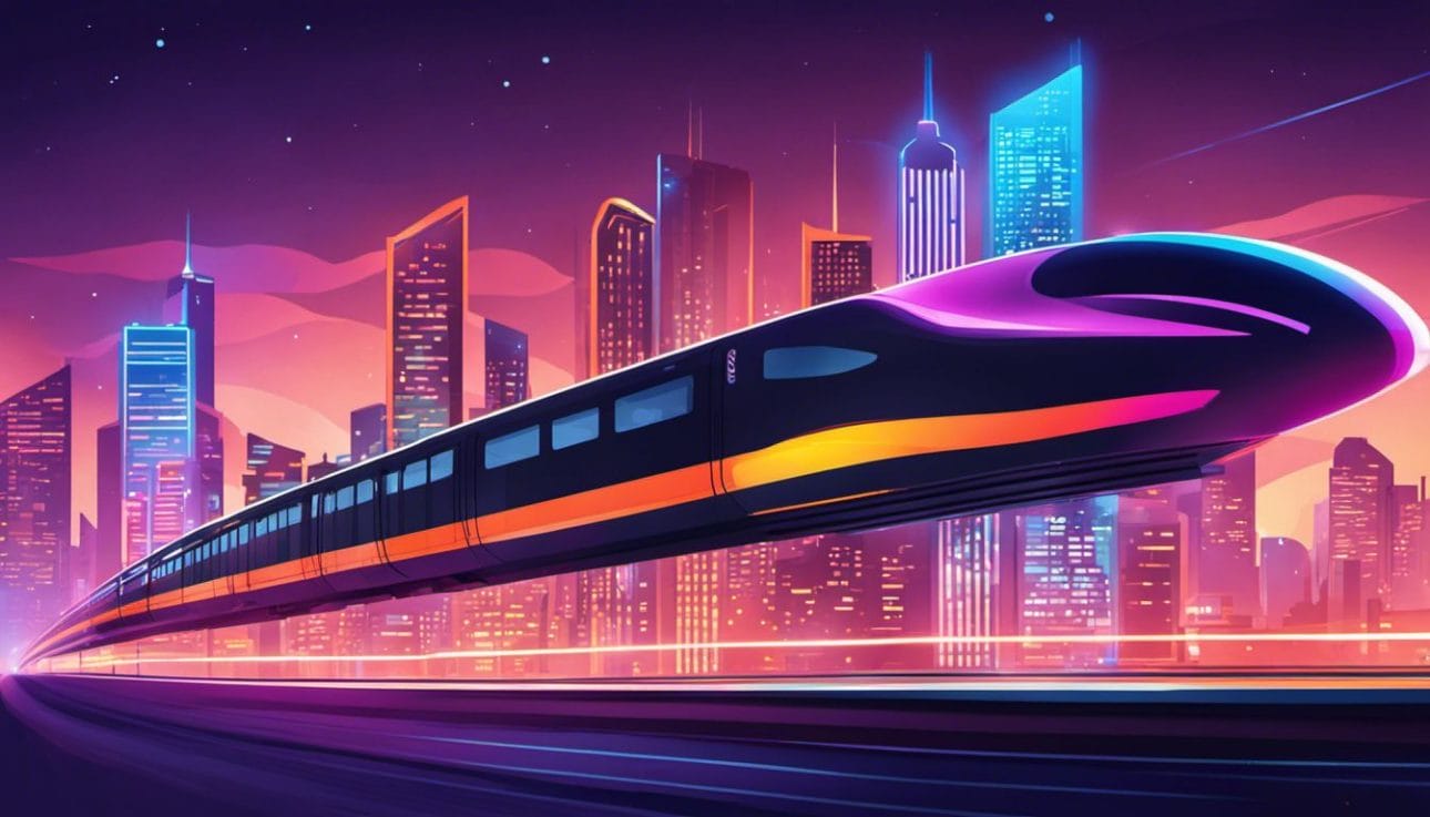 A high-speed express train races through a vibrant modern city at night.