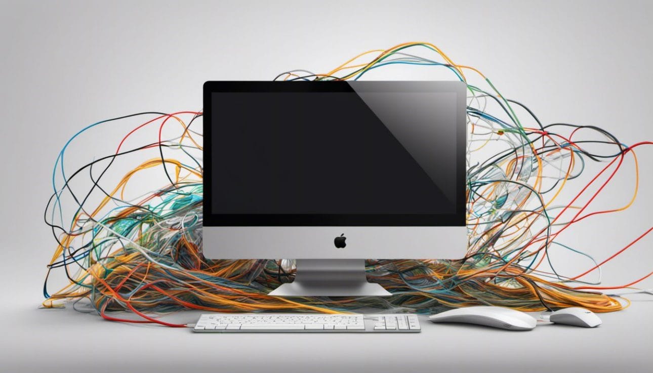 A computer screen displaying a loading website surrounded by tangled wires.