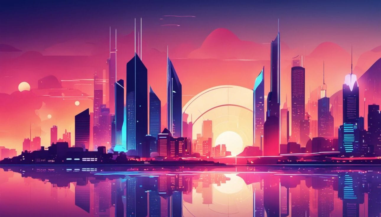 A futuristic city skyline at dusk with vibrant neon lights.