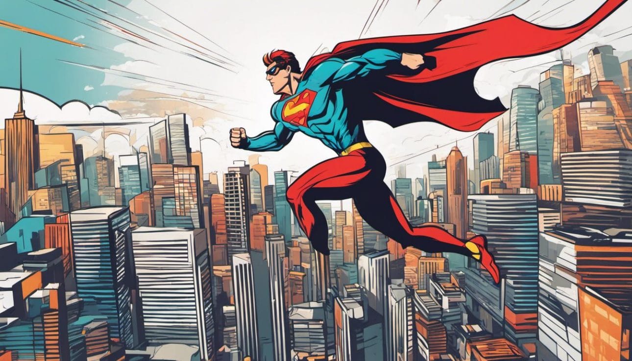 Comic book superhero soaring through a city skyline with vibrant bursts.