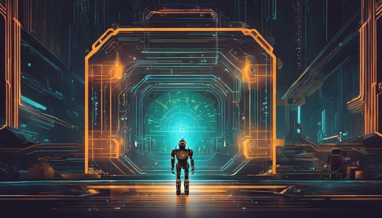 A robot blocking website pathways in a futuristic cyberpunk environment.