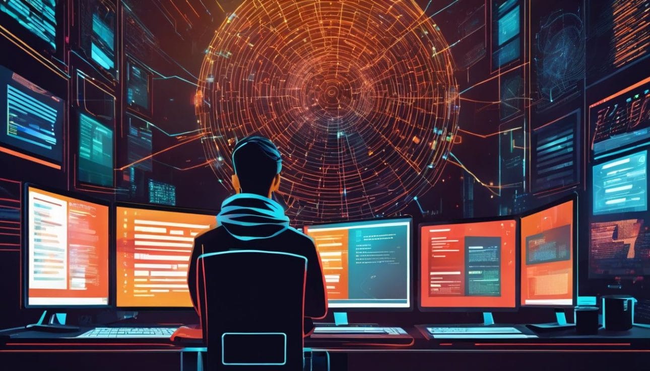 A cybersecurity expert scans website for malware in futuristic environment.