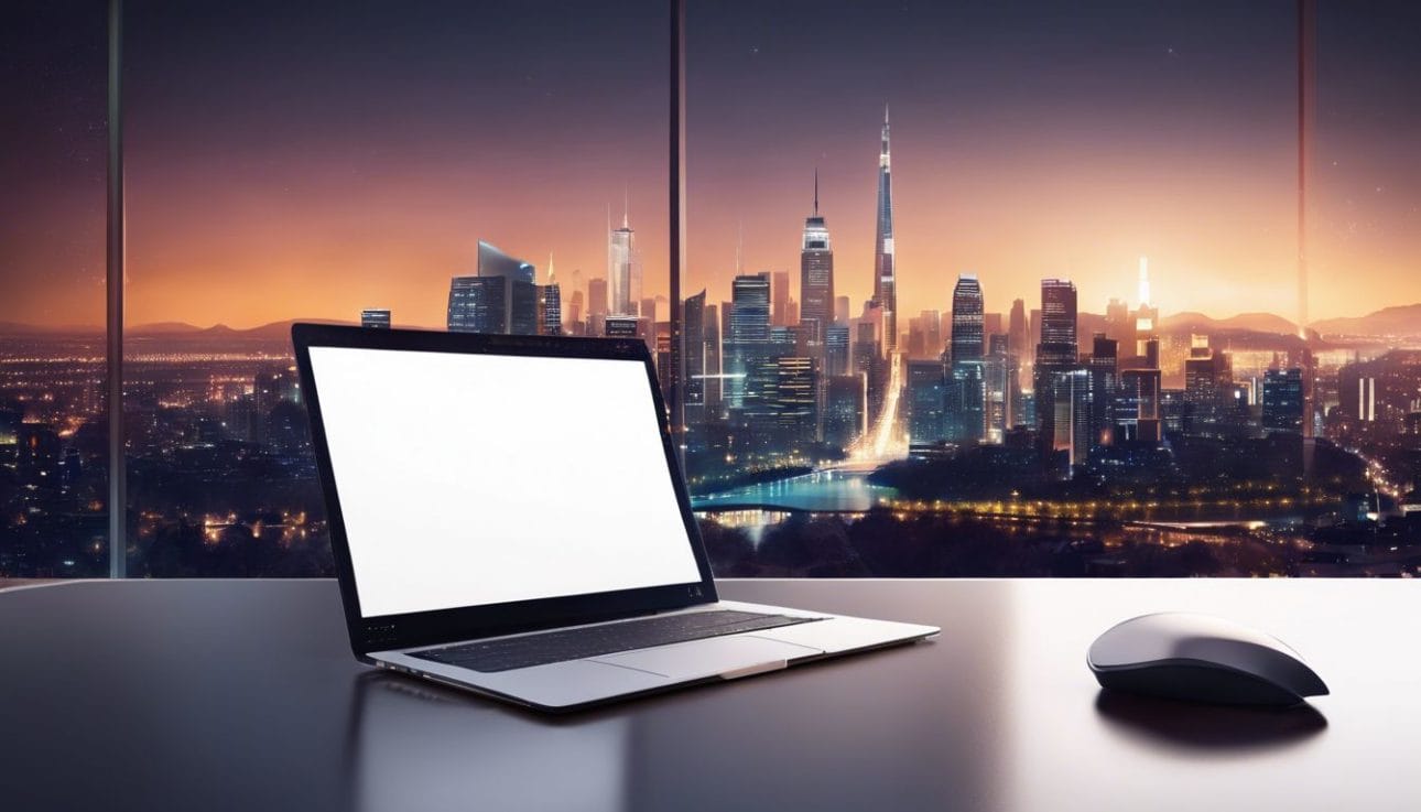A modern desk with laptop and notebook overlooks a cityscape.