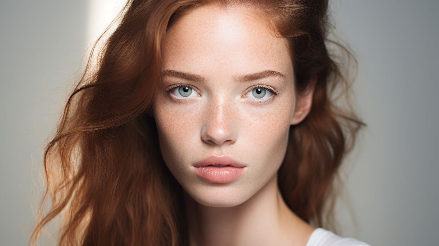 A close-up portrait of a model with flawless skin and soft natural lighting.