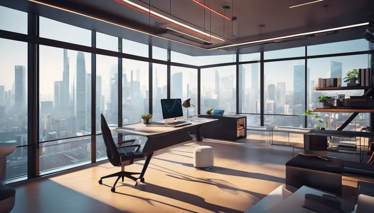 A modern and efficient workspace with minimalistic design and high-tech gadgets.