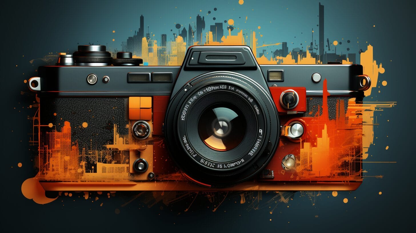 Camera silhouette with flowing text and Photoshop UI. Photoshop wrap text  image