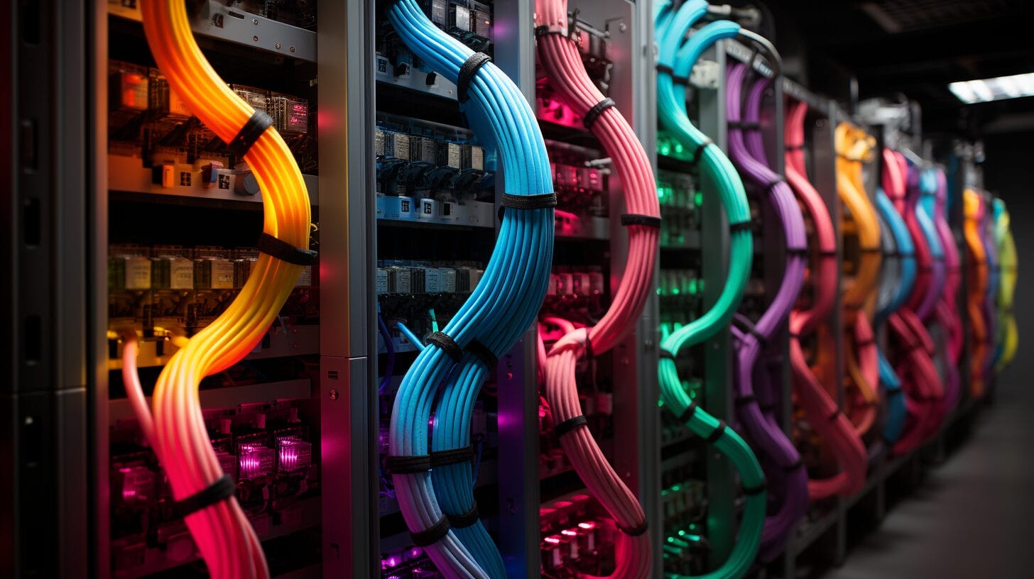 Color-coded Ethernet cables with RJ45 connectors.