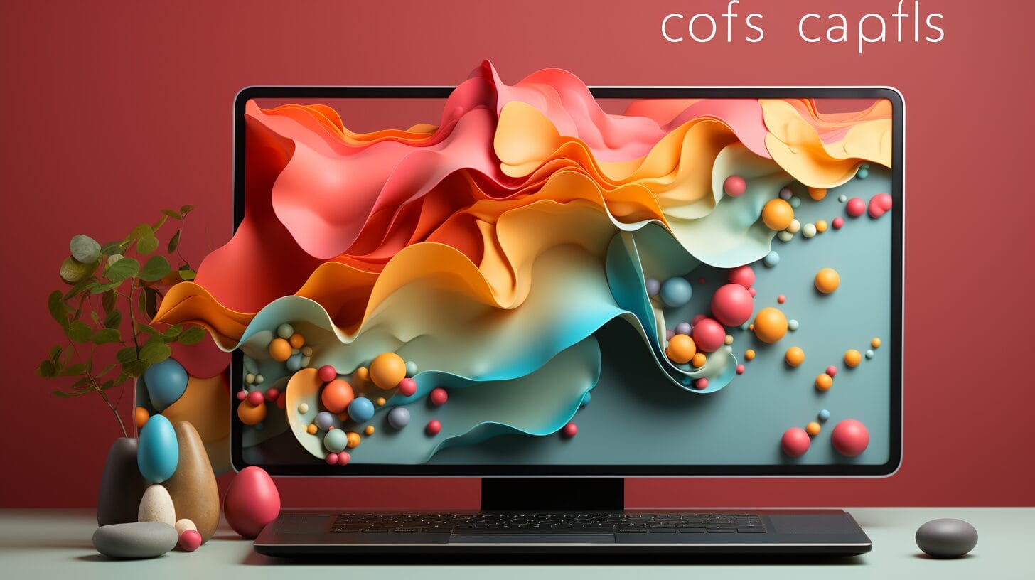 Computer screen displaying Canva's curved text tool on vibrant background.