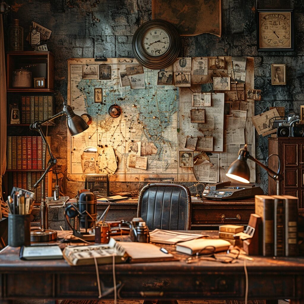 Detective's desk with crime evidence board.