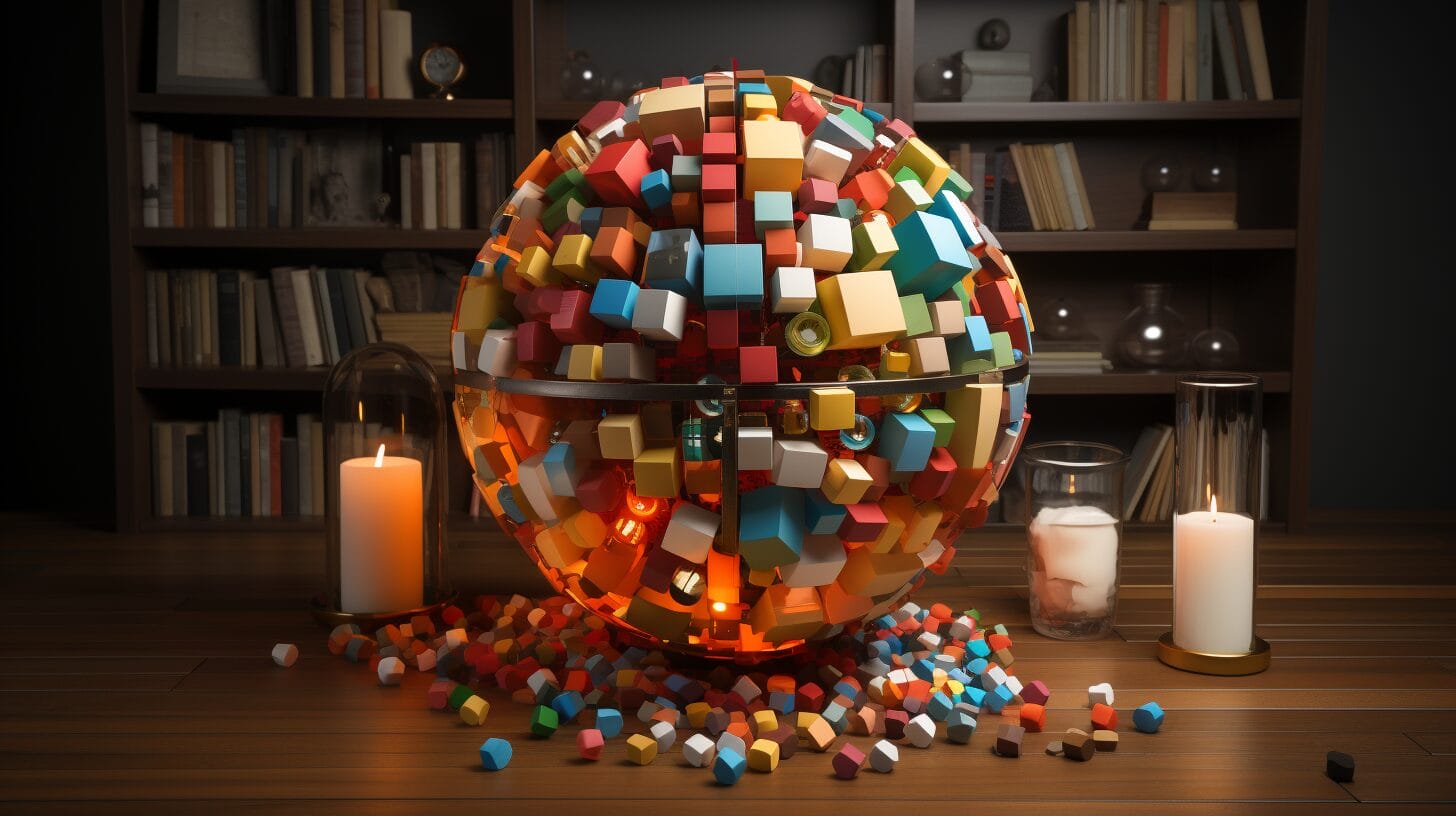 Digital puzzle globe with marketing elements and growth icons.