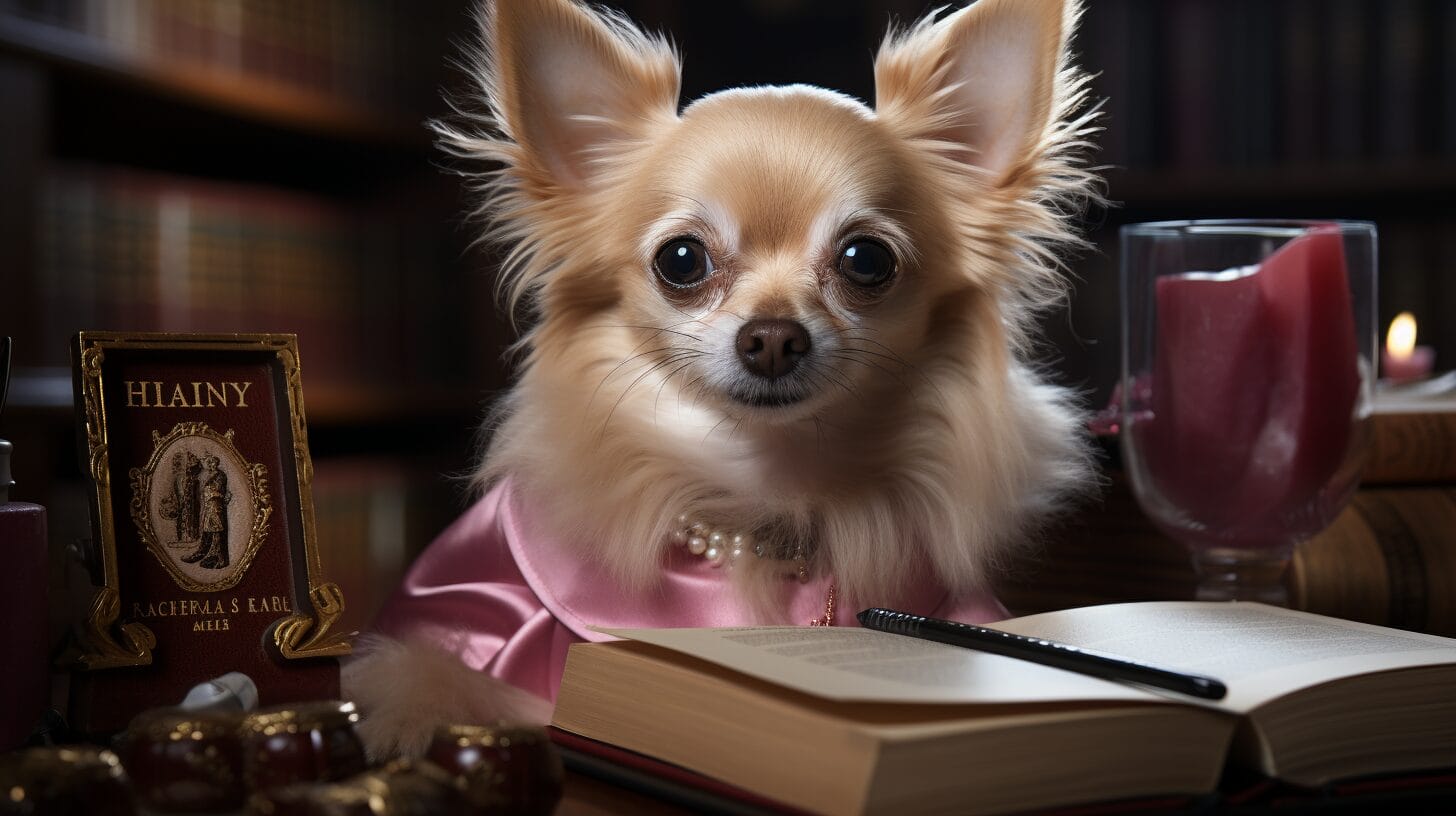 Elle Woods in pink with a chihuahua and law book, spotlighted by Harvard crest.