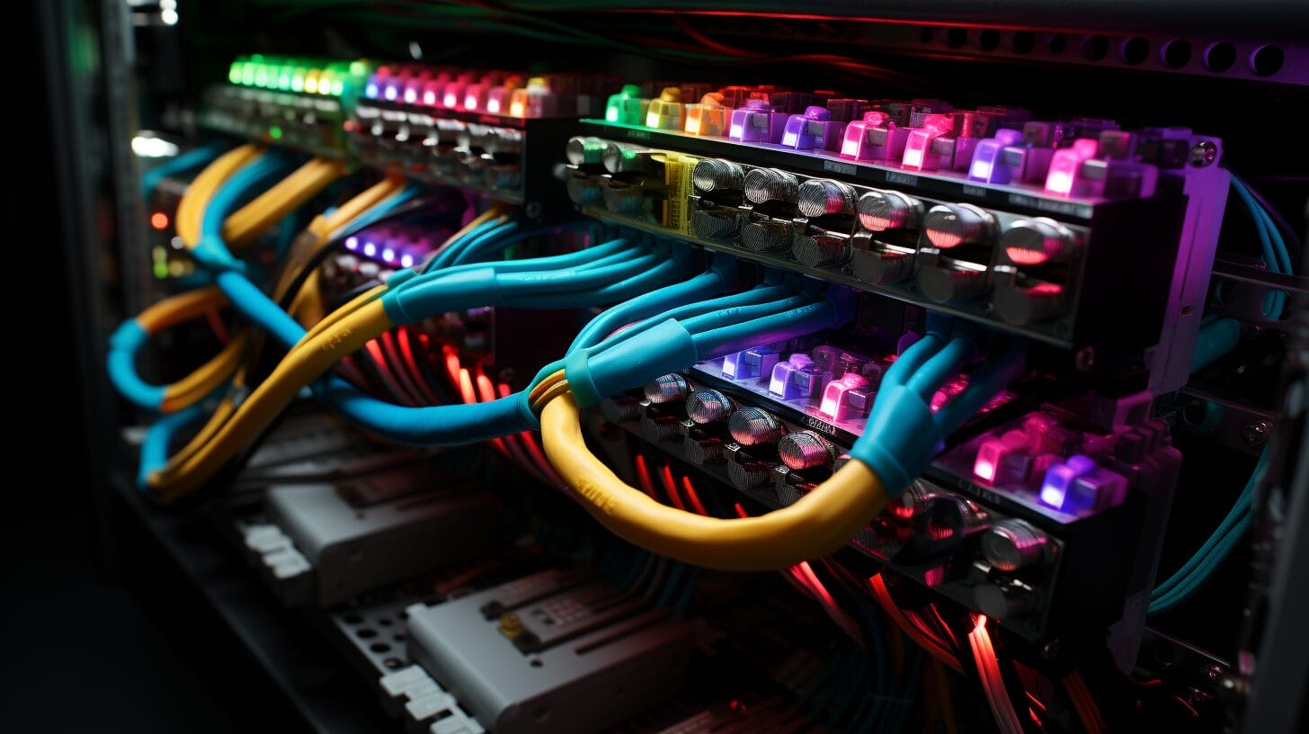 Ethernet cables in TIA/EIA-568-B color spectrum with patch panel.  net cable color code 