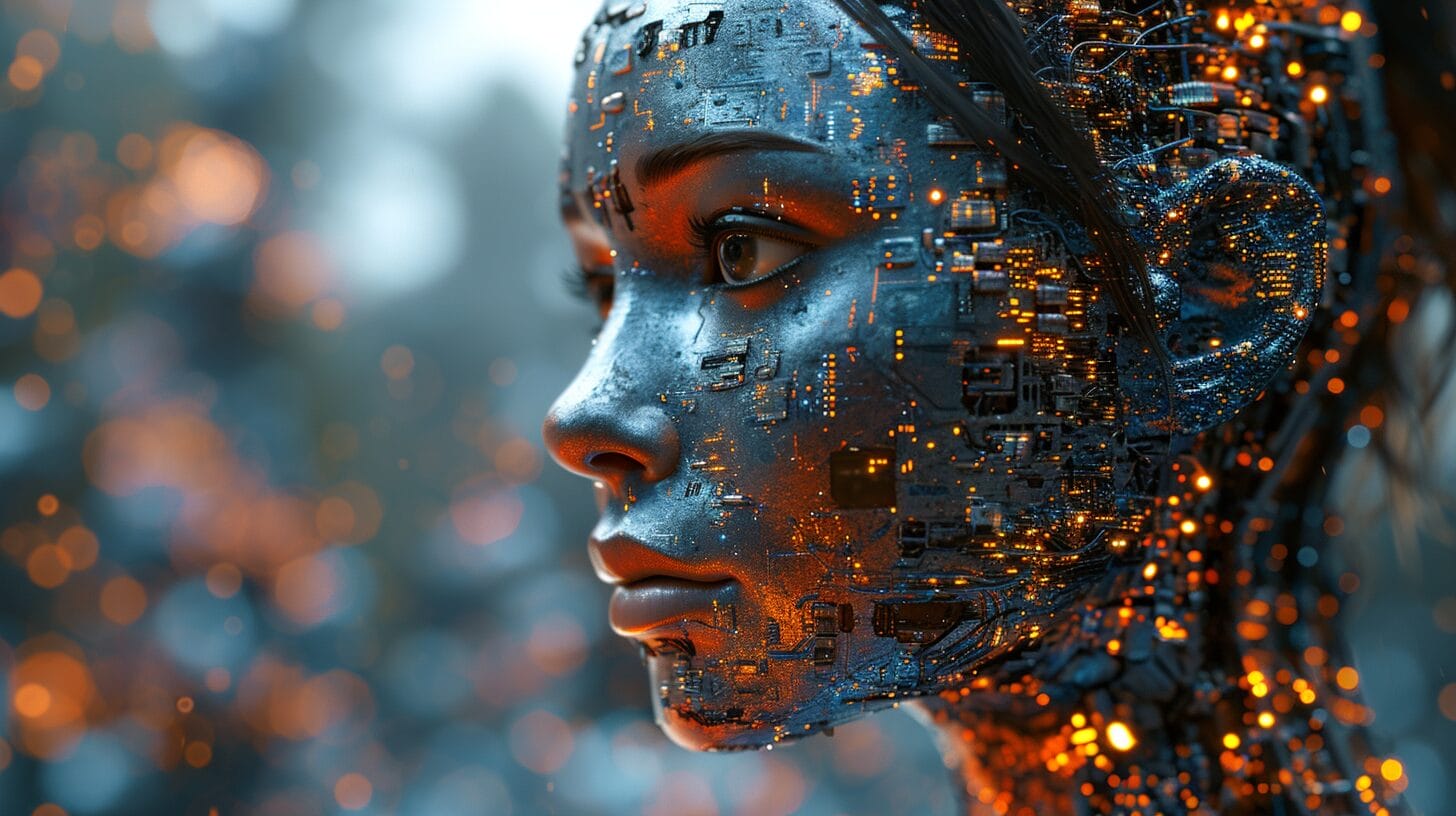 Futuristic AI image with chatbot avatars, holographic interfaces, and neural network visuals.
