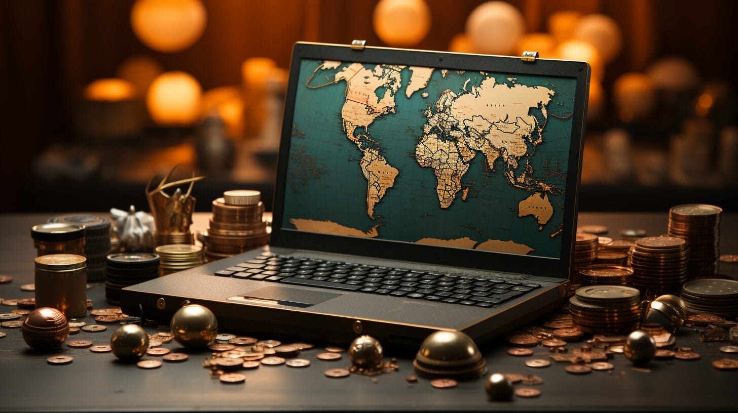 Global map with coins and currency symbols, laptop with design tools.