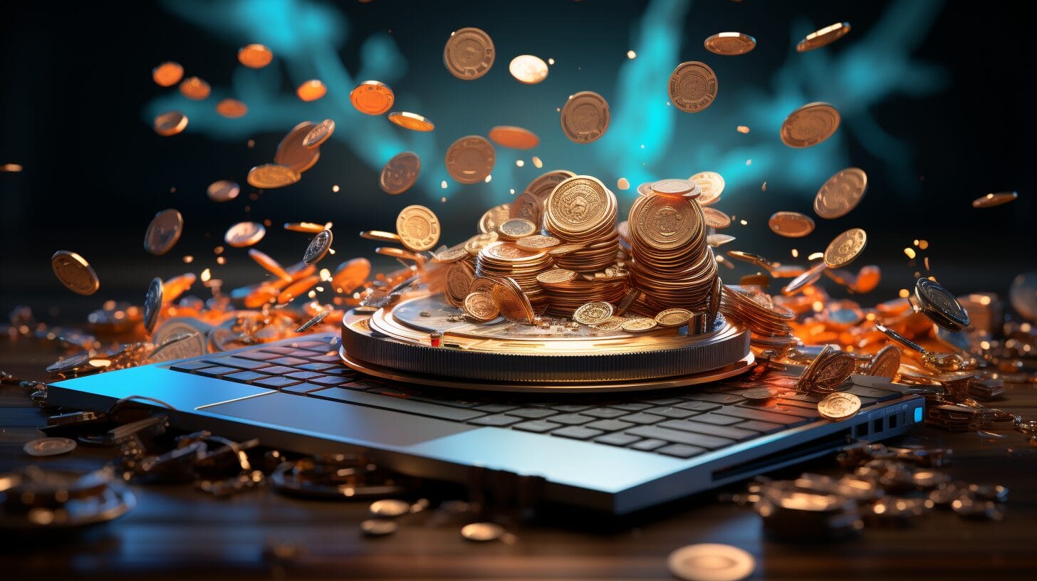 Glowing coins and bills from laptop on desk with plant.
