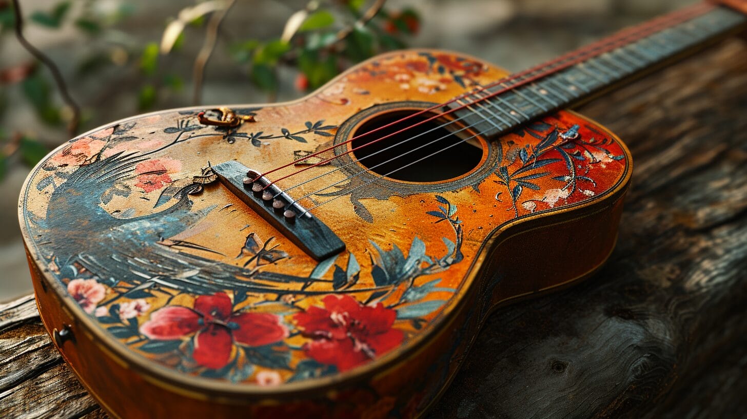Guitar with Taylor Swift imagery, quill and musical notes, iconic song symbols.