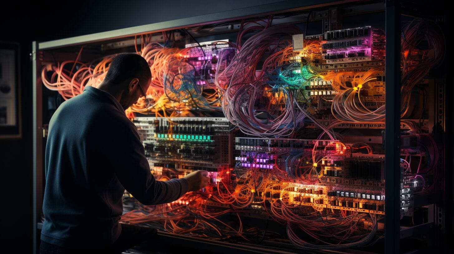 Hands wiring Ethernet cables by color in a switch environment.