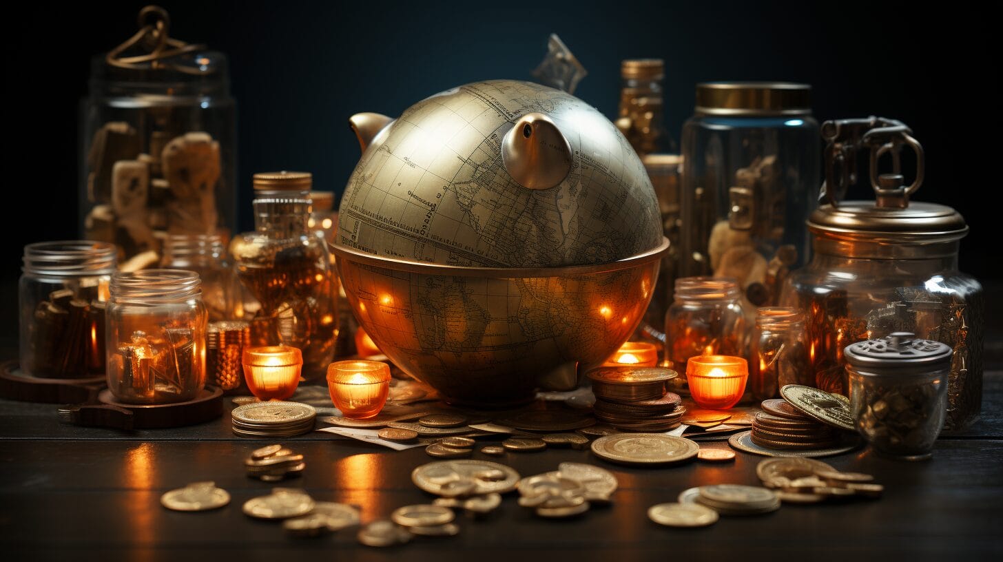 Image of diverse niche market icons, linked by golden chains symbolizing recurring commissions, orbiting a central piggy bank under a magnifying glass.