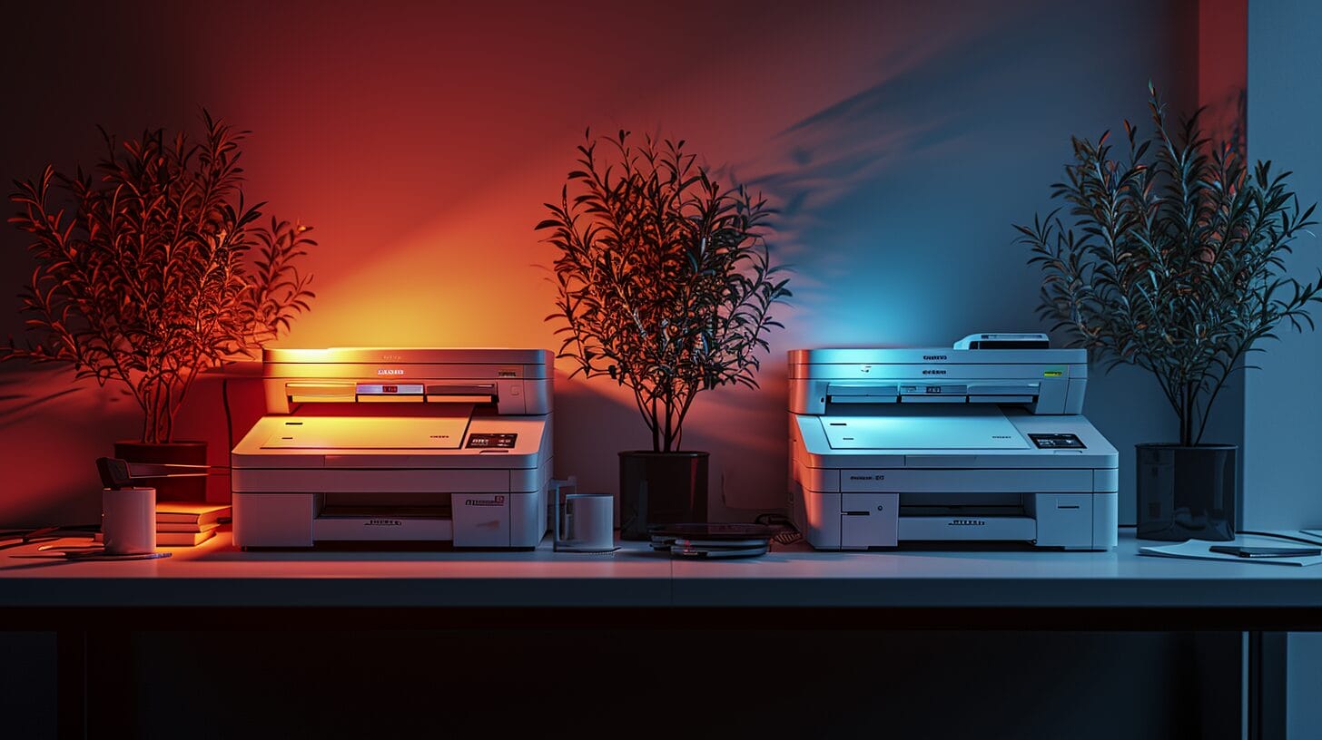 LED and laser printers comparison, one with glowing LEDs, the other with a laser beam.