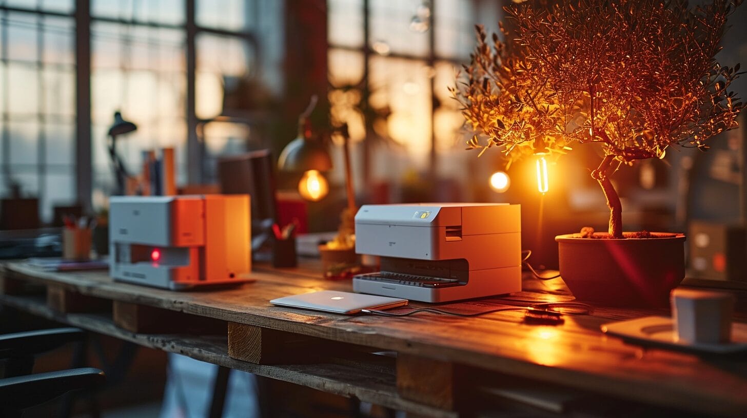 LED vs laser printers in office, emphasizing speed and color quality.
